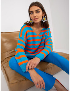 Fashionhunters Modro-oranžový oversize svetr s výstřihem V-OCH BELLA