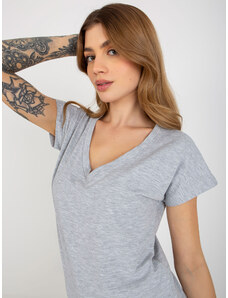 Fashionhunters Šedé melanžové basic tričko s výstřihem