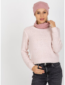 Fashionhunters Světle růžová pletená čepice a komínek