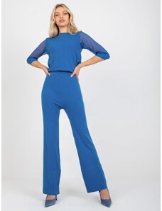 Fashionhunters Tmavě modré úpletové kalhoty se širokou nohavicí
