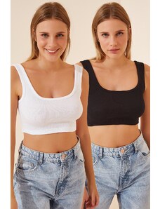 Happiness İstanbul Women's Black and White Strappy Crop Double Pack Knitted Blouse