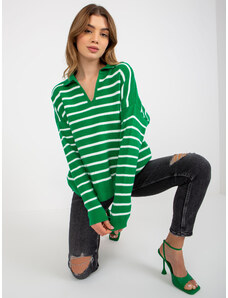 Fashionhunters Zeleno-bílý oversize pruhovaný svetr s límečkem