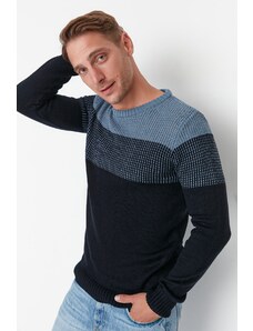 Trendyol Navy Blue Men's Slim Fit Crew Neck Blocky Sweater