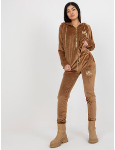 Fashionhunters Velurový dvoudílný set Camel s kalhotami