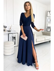 NUMOCO Elegantní modré krajkové dlouhé šaty s výstřihem ELISA Tmavě modrá