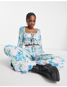 The Frolic plisse wide leg trouser co-ord in blue washed floral-Multi