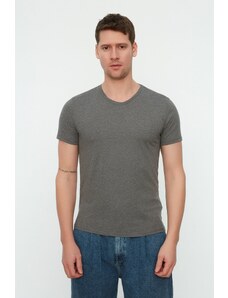 Trendyol antracitové základní slim tričko s krátkým rukávem a výstřihem do V ze 100% bavlny