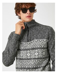 Koton Jacquard Sweater Stand-Up Collar Zipper Detail