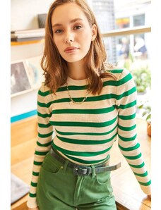 Olalook Women's Grass Green Crew Neck Striped Knitwear Crop Sweater