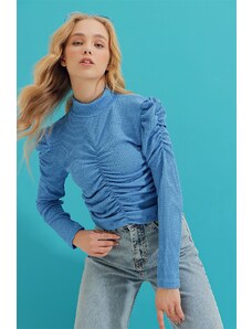 Trend Alaçatı Stili Women's Aviator Blue Half Turtleneck Front Gathered Detail Self-Textured Crop Knitted Blouse