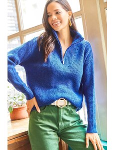 Olalook Women's Saxon Blue Stand-Up Collar Zippered Soft Textured Oversized Knitwear Sweater
