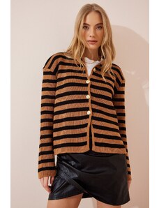 Happiness İstanbul Women's Camel Black Wadding Striped Knitwear Cardigan