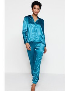 Trendyol Blue Elastic Leg Satin Woven Pajamas Set