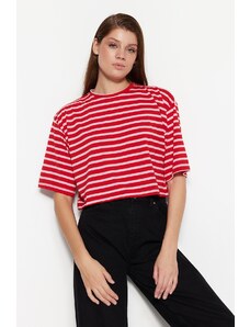 Trendyol Red-Pink Striped Relaxed/Wide, Comfortable Cut Crop Crewneck Knitted T-Shirt