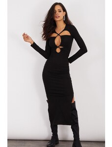 Cool & sexy dámské černé midi šaty s dvojitým rozparkem