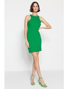 Trendyol zelené ohlávka s výstřihem na tělo vypasované žebrované flexibilní mini pletené šaty