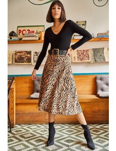Olalook Women's Mink Zebra Elastic Waist, Suede Textured A-Line Skirt