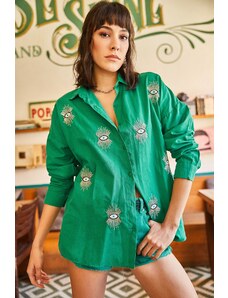 Olalook Women's Grass Green Sequin Detailed Woven Boyfriend Shirt