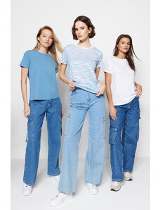 Trendyol White-Blue-Blue Striped 3-Pack Basic Crew Neck Knitted T-Shirt