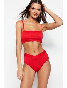 Trendyol Red V-Cut Textured High Waist Normal Leg Bikini Bottom