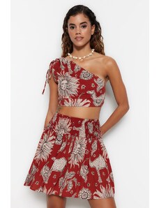 Trendyol Ethnic Patterned Woven Pleated One-Shoulder Blouse and Skirt Set