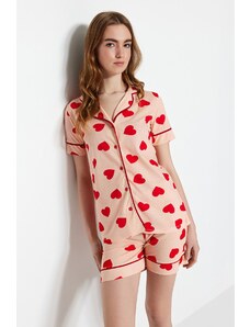 Trendyol Salmon 100% Cotton Heart Patterned Piping Detailed Shirt-Shorts Knitted Pajamas Set