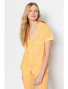 Trendyol Peach 100% Cotton Piping Detailed Polka Dot Shirt-Pants Knitted Pajamas Set