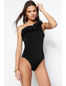 Trendyol Černé Volánkové plavky na jedno rameno s pravidelnými nohavicemi