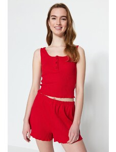 Trendyol Red Button Detailed Ribbed Cotton Singlet-Short Knitted Pajamas Set