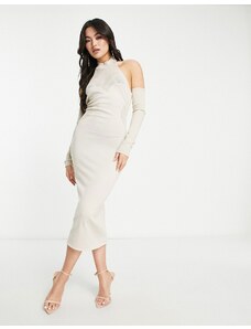 Simmi Clothing Simmi knitted contour halter neck midi dress with sleeve detail in cream-White