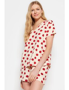 Trendyol Ecru-Burgundy 100% Cotton Polka Dot T-shirt-Shorts and Knitted Pajamas Set