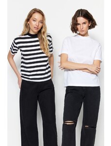 Trendyol White-Black and White Striped 2-Pack Basic Stand Up Collar Knitted T-Shirt