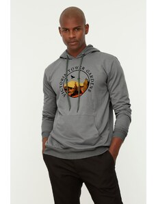 Trendyol Gray Men's Regular Cut Hooded Tropical Printed Sweatshirt