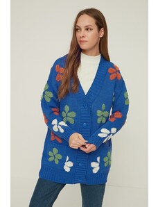 Trendyol Blue V-Neck Floral Embroidery Knitwear Cardigan