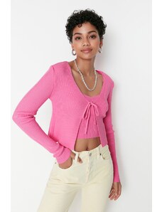 Trendyol Pink Crop Tie Detailed Blouse-Cardigan Knitwear Suit Knitwear Cardigan