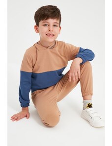 Trendyol Camel Color Block Hooded Boy Knitted Slim Tracksuit Set