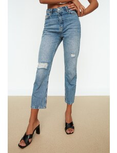 Trendyol modré roztrhané detailní rovné džíny s vysokým pasem