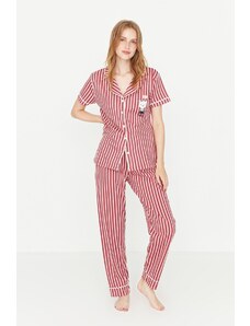 Trendyol Pink Cotton Striped Animal Printed Shirt-Pants Knitted Pajama Set