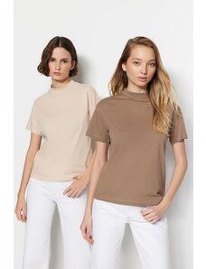 Trendyol Beige-Mink 2 Pack 100% Cotton Basic High Collar Knitted T-Shirt