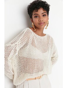 Trendyol Ecru Extra široký bavlněný prolamovaný/perforovaný pletený svetr