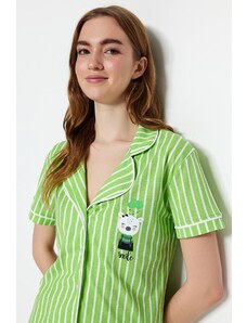 Trendyol Green Cotton Striped Animal Printed Shirt-Pants Knitted Pajama Set