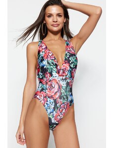 Trendyol Floral Pattern Deep-Chocolate High Leg Swimsuit With Open Back