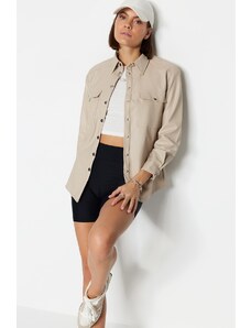 Trendyol Stone Woven Faux Leather Shirt with Double Pockets