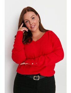 Trendyol Curve Red V-Neck Button Detailed Knitwear Sweater