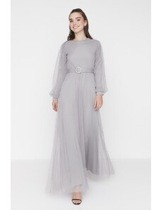 Trendyol Gray Hijab Evening Dress With Belt Detail On The Waist