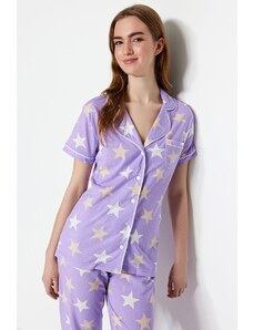 Trendyol Lilac Cotton Starry Shirt-Pants Knitted Pajama Set