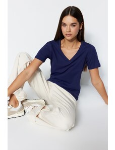 Trendyol Navy Blue 100% Cotton Basic V-Neck Knitted T-Shirt