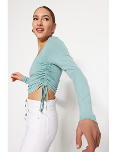 Trendyol Dark Mint Square Collar Shirred Knitted Blouse