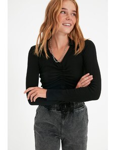 Trendyol Black Gathered Detail Fitted/Situated Polo Neck Crop Ribbed Stretch Knitted Blouse