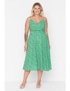 Trendyol Curve Zelené A-linie Dvouřadý límec Květinový vzor pletené šaty